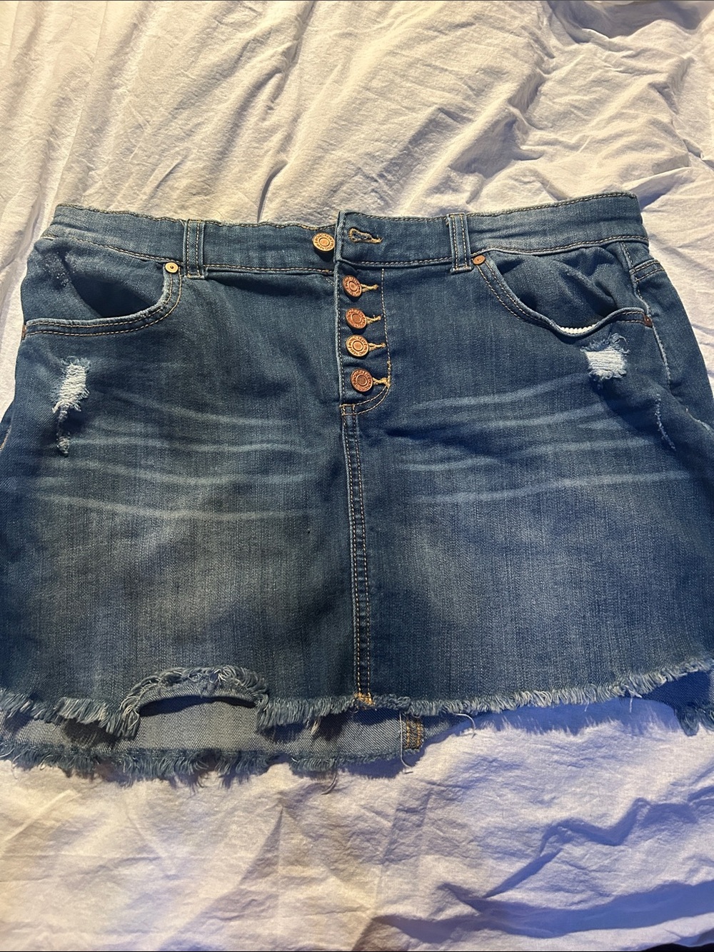 Indigo Rein Blue Distressed Button-Front Denim Mini Skirt